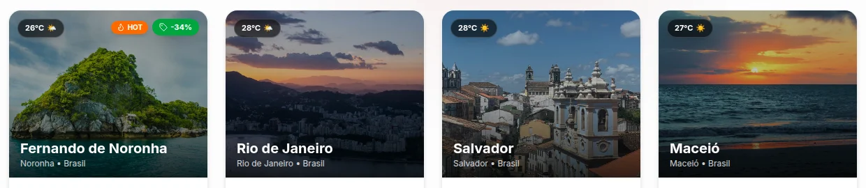 Cards de destinos com a temperatura atual de cada cidade