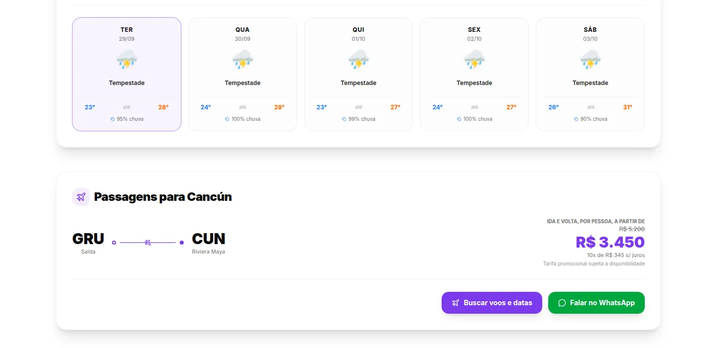 Previsão do tempo de 5 dias e preço da passagem para Cancún
