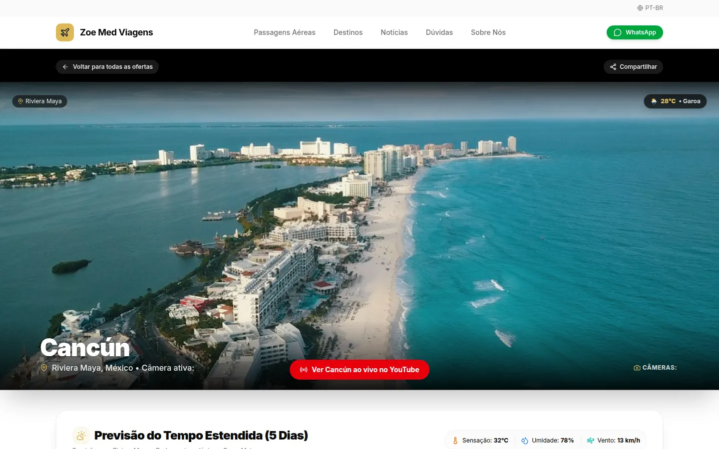 Página do destino Cancún com foto em tela cheia e clima