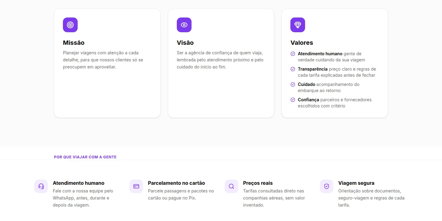 Página Sobre nós com missão, visão e valores da agência
