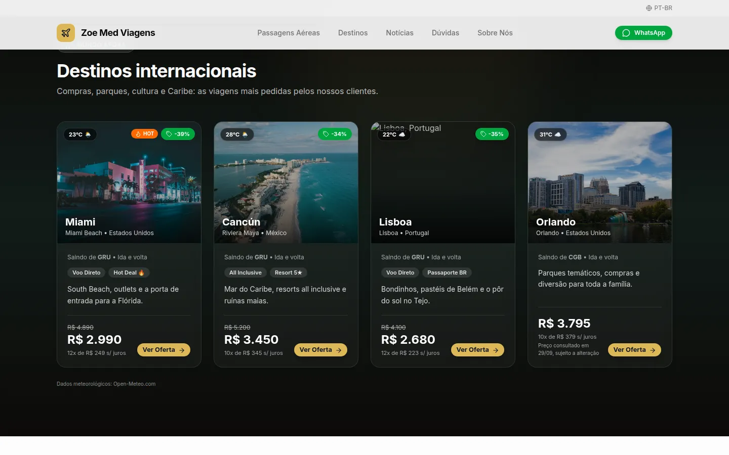 Vitrine de destinos internacionais com preços e clima